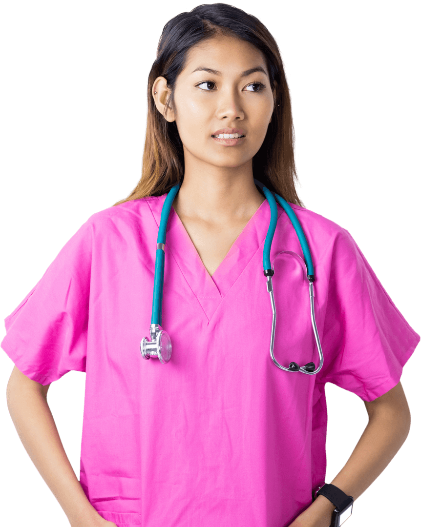 Transparent Confident Asian Nurse with Stethoscope in Pink Scrubs