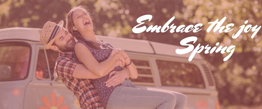 Joyful Couple Embracing in Front of Vintage Van During Spring