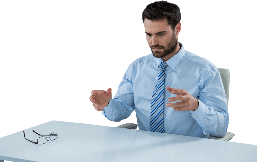 Conceptual Businessman Interacting with Transparent Object