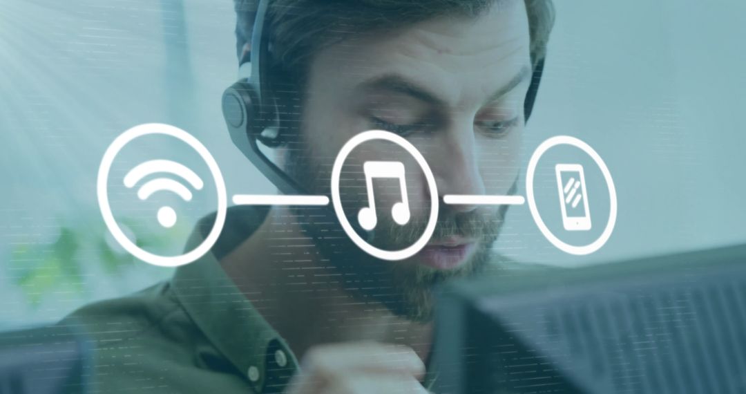 Businessman Communicating with Headset Using Multimedia Icons Concept