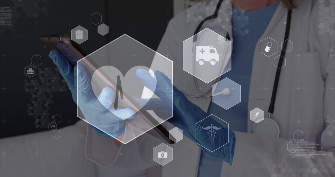 Doctor Using Tablet with Holographic Medical Graphics