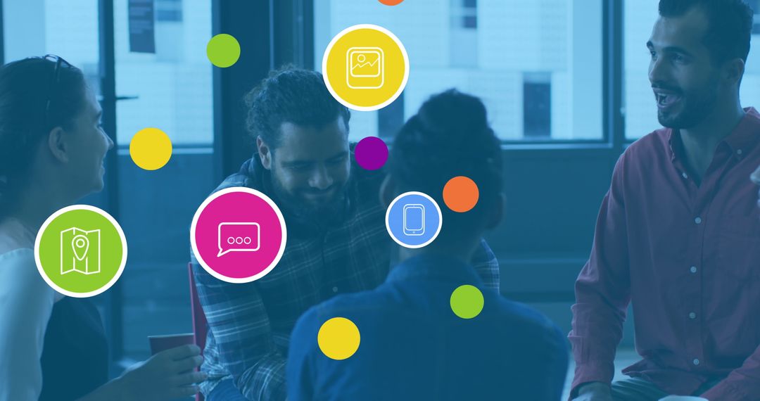 Team Brainstorming Meeting with Diverse Individuals and Digital Icons