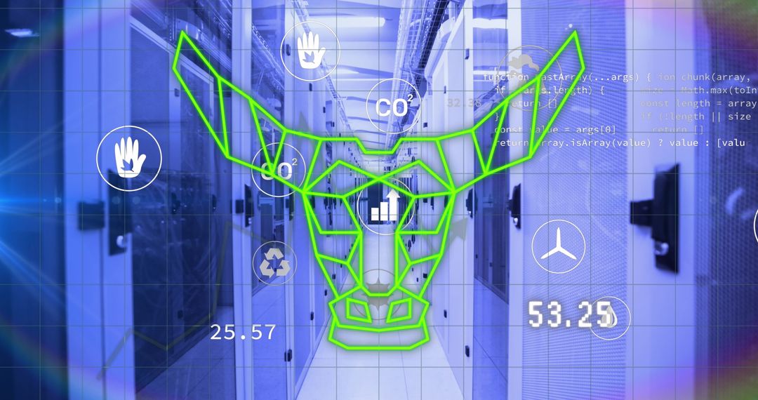 Bull Face with Eco Icons Over Data Servers in Futuristic Setup