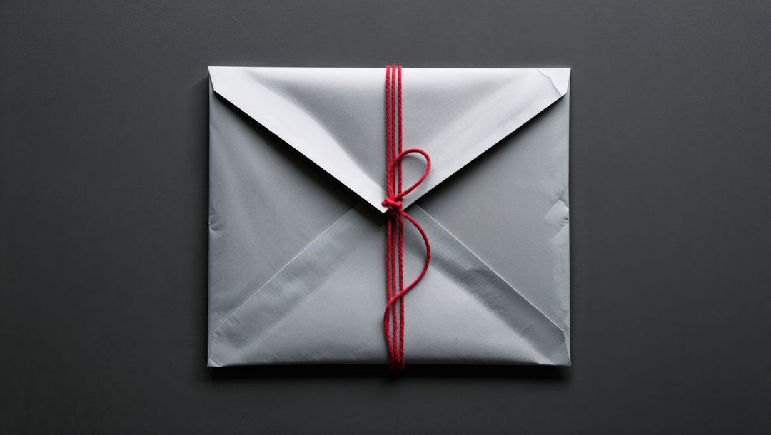 Sealed gray envelope bound with red string on dark surface, criminal record correspondence concept