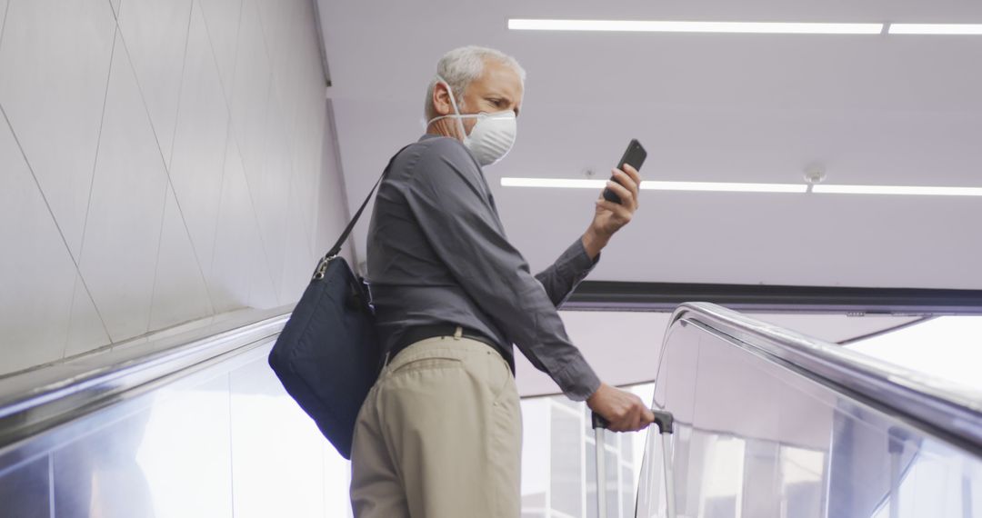 Senior Man Using Smartphone on Escalator with Facial Mask - Free Images, Stock Photos and Pictures on Pikwizard.com