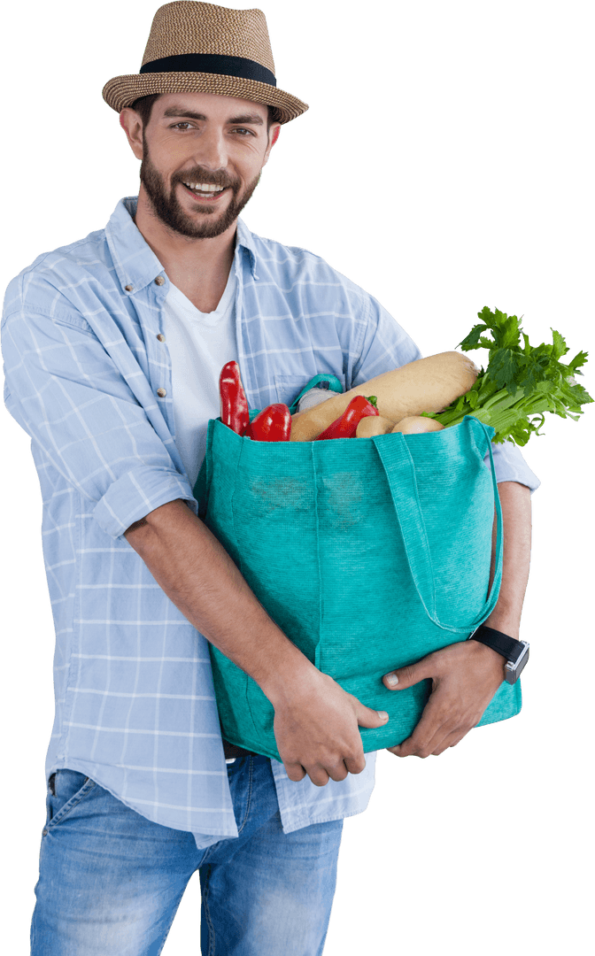 Smiling Man Holding Transparent Bag of Fresh Vegetables