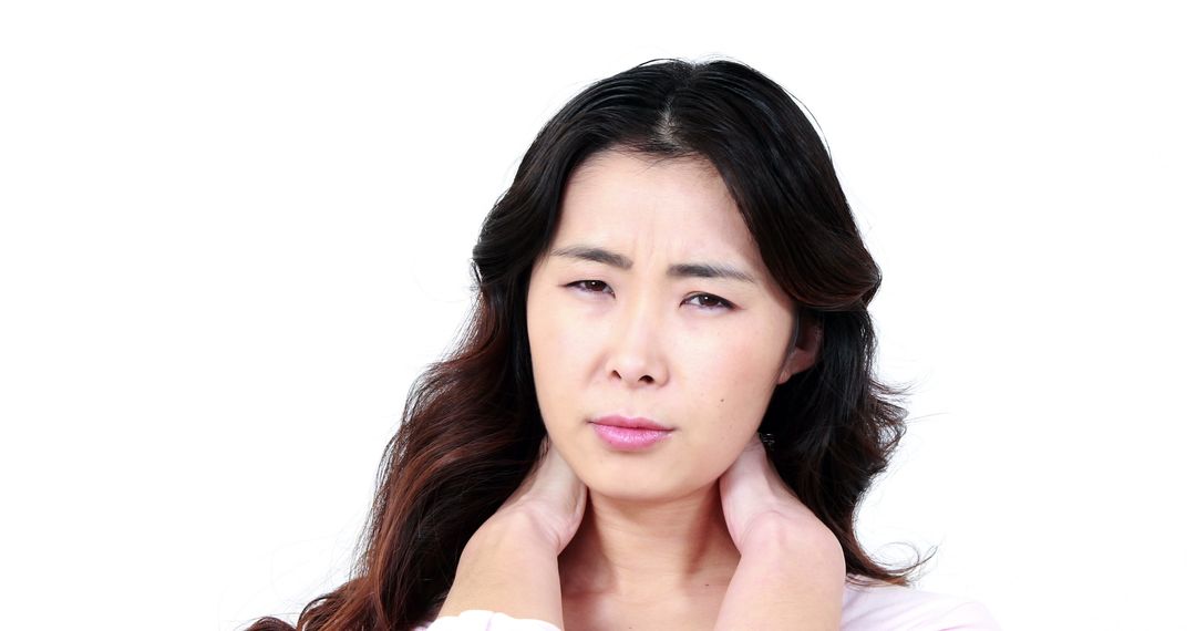Woman Experiencing Neck Pain Against White Background