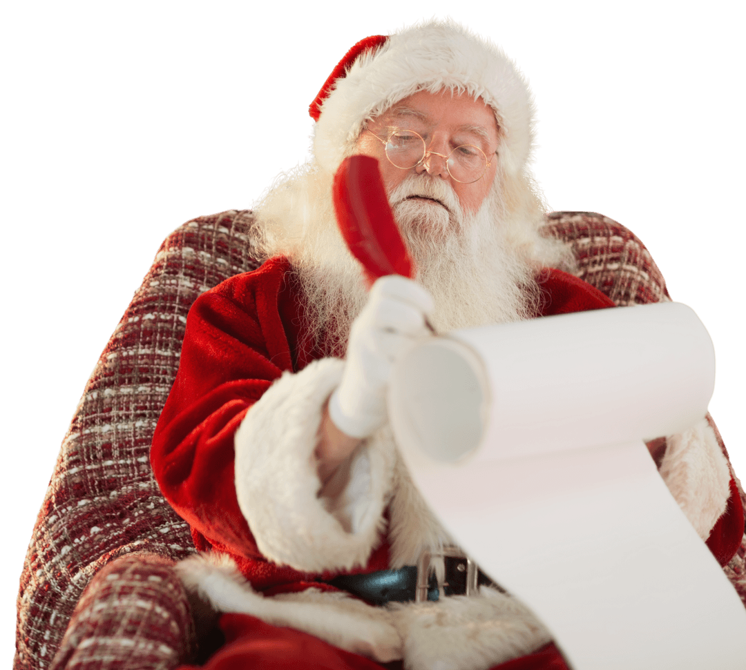 Santa Checking Naughty or Nice List on Transparent Background