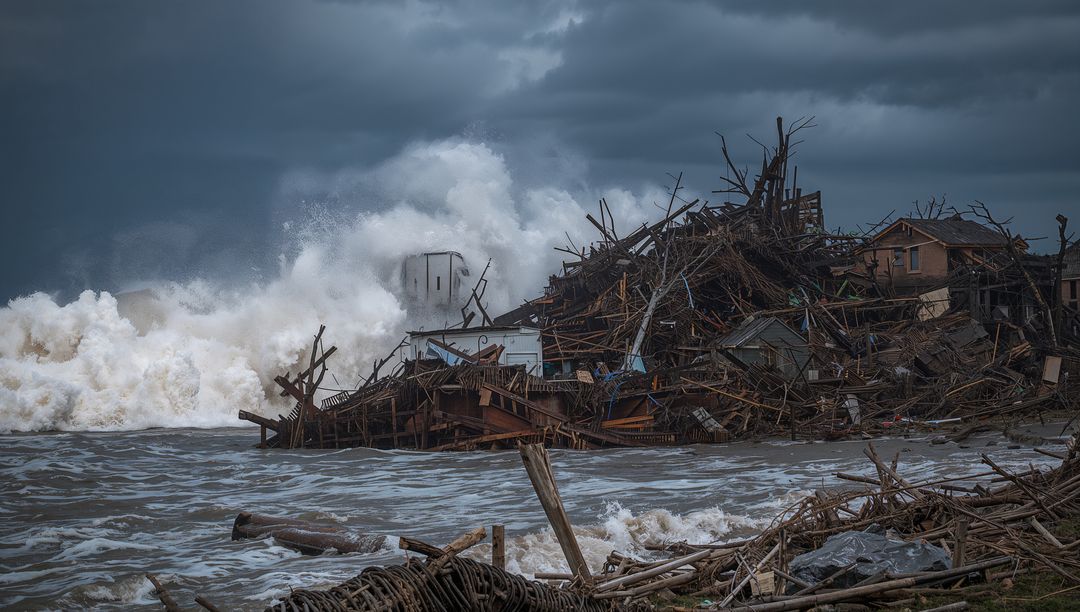 Churning Waves Wreak Havoc on Storm-Tossed Debris Beach