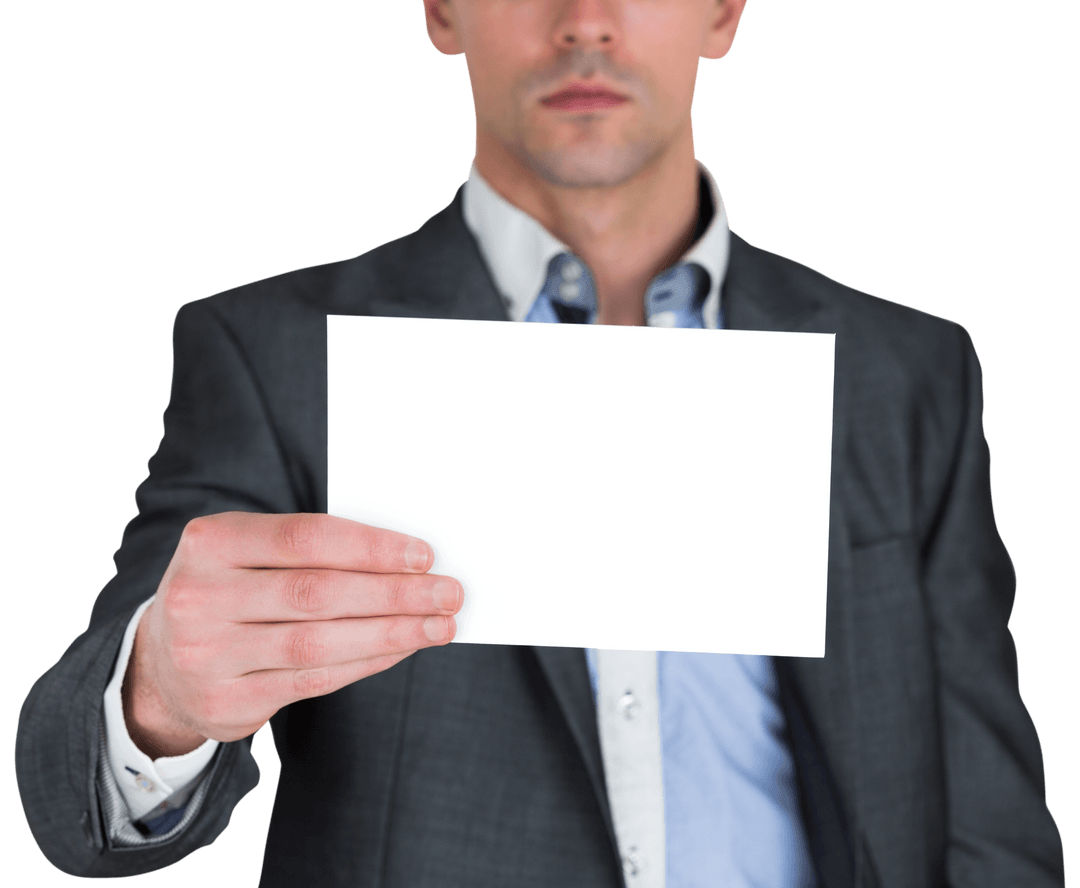 Businessman Wearing Suit Displaying Blank Transparent Card