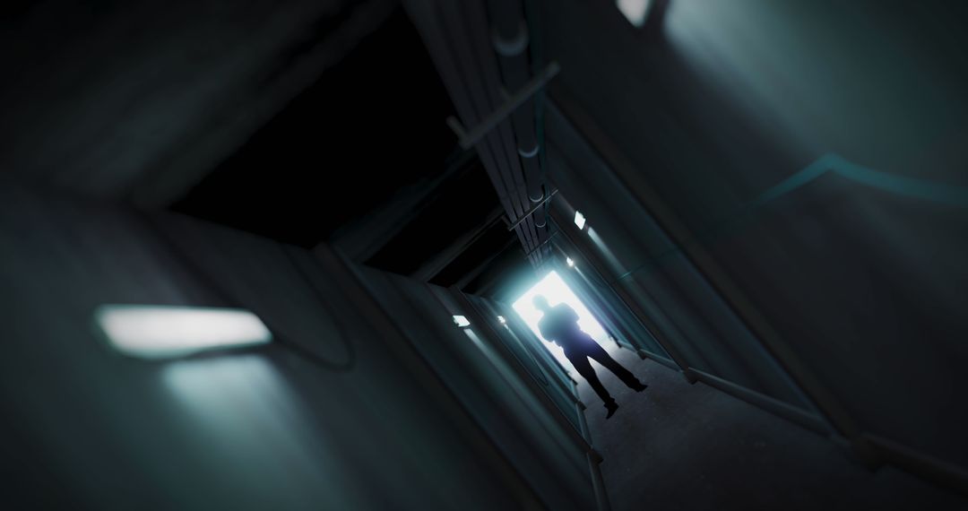 Mysterious Silhouette in Dark Tunnel with Single Light Source