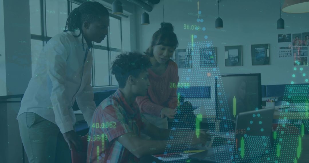 Team Analyzing Candlestick Charts on Laptop in Modern Office Collaborating on Data
