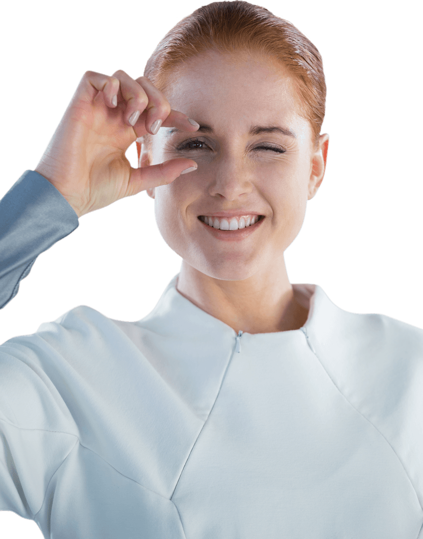 Transparent Woman Smiling Adjusting Imaginary Glasses Gesture