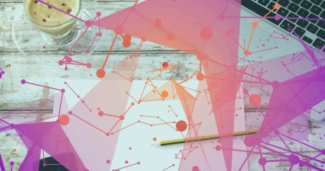 Abstract Plexus Network with Coffee and Laptop Overhead Design