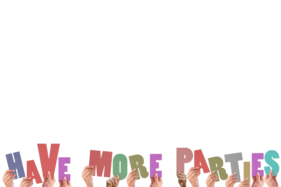 Hands Holding Colorful Party Message on Transparent Background