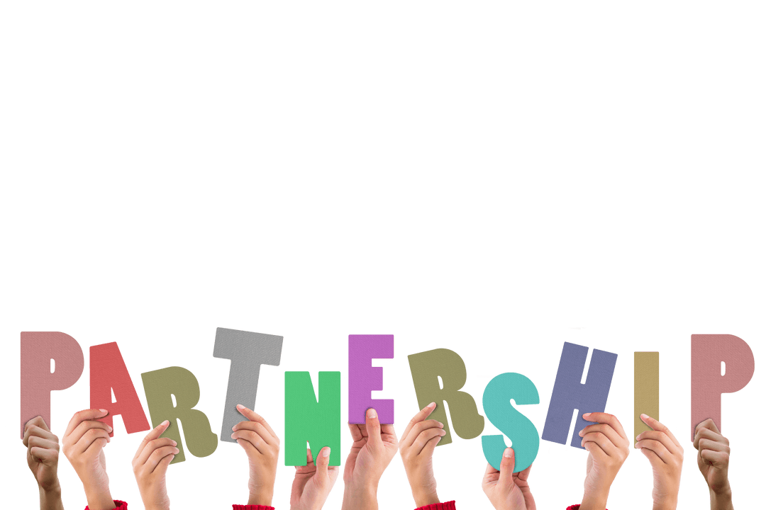 Hands Raising Colorful Letters Spelling Partnership on Transparent Background