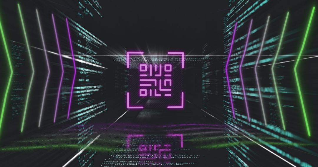 Glowing Purple QR Code in Digital Cyber Environment