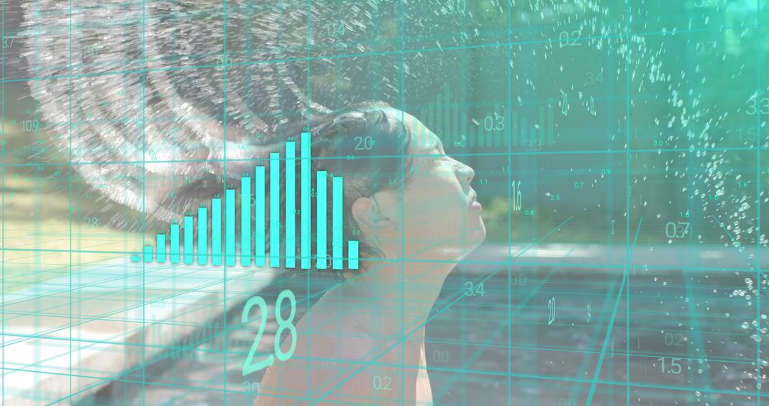 Emerging adult Asian man tilting head back at pool edge with teal HUD data overlay