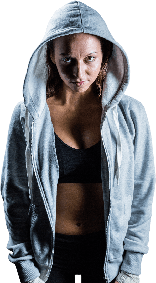 Determined Female Athlete in Hooded Jacket Transparent