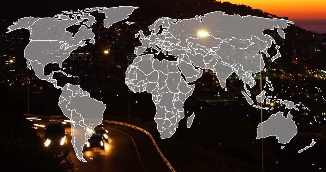 World Map Overlay on Cityscape at Night