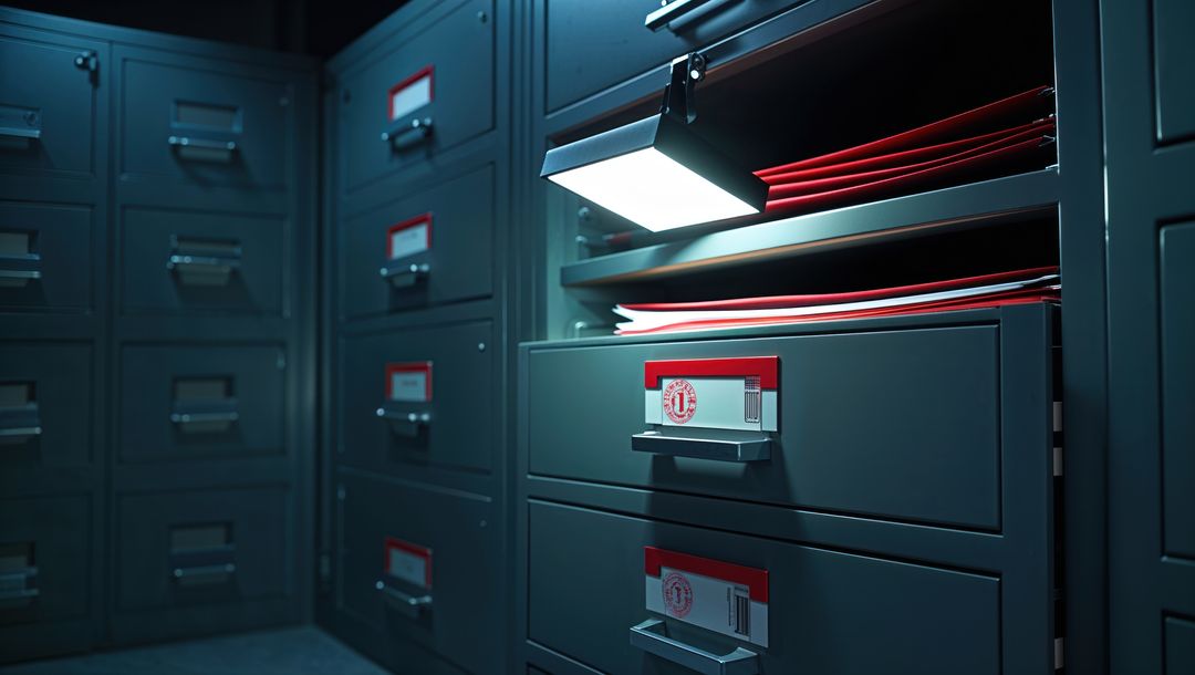 Organized filing cabinets featuring neat red folders and ambient light, criminal record storage conc