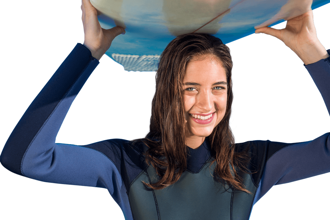 Smiling Woman Holding Surfboard Above Head on Transparent Background