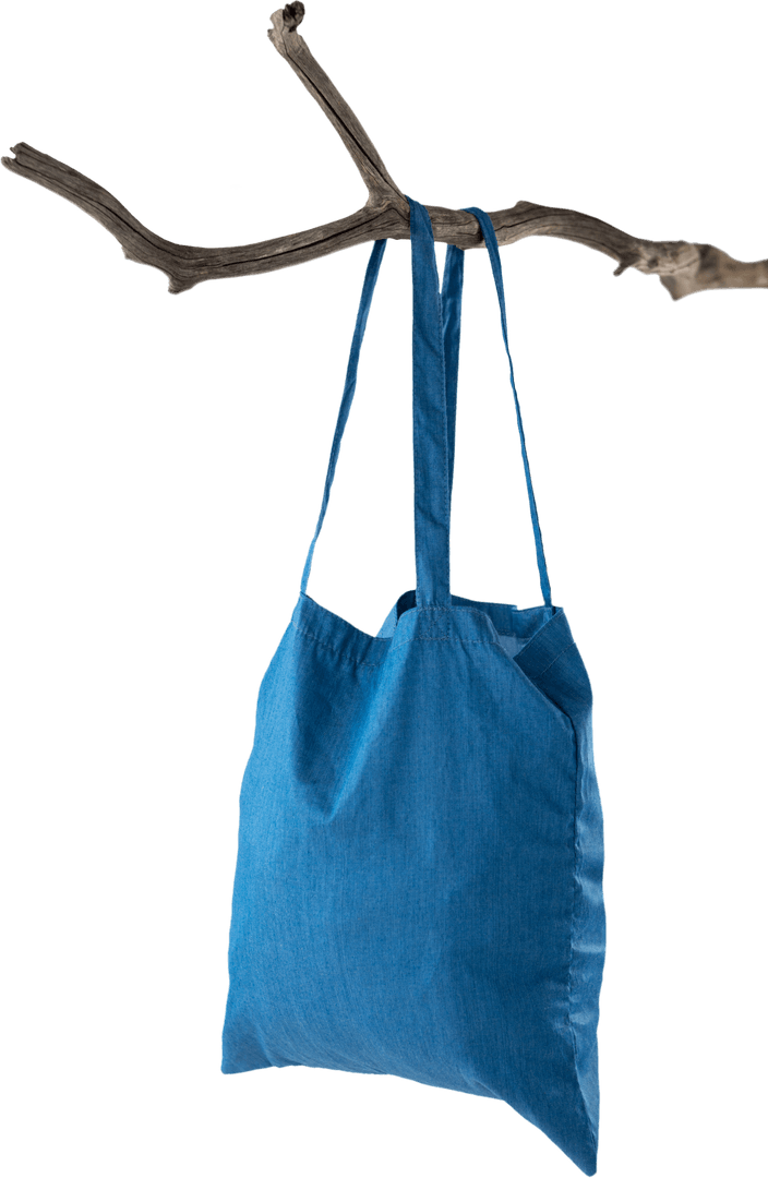 Blue Canvas Tote Bag Hanging on Branch with Transparent Background