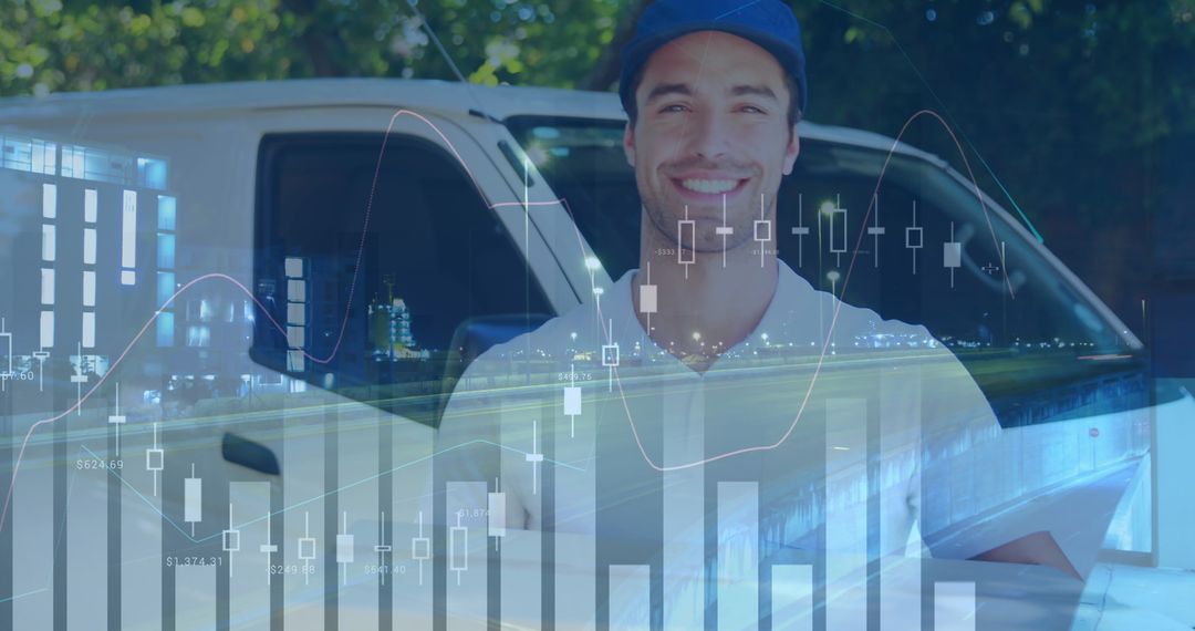 Smiling Delivery Worker Holding Package with Financial Graph Overlay