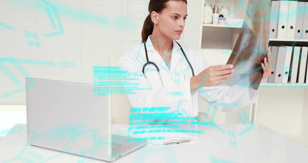 Female Doctor Analyzing X-Ray with Digital Data Display