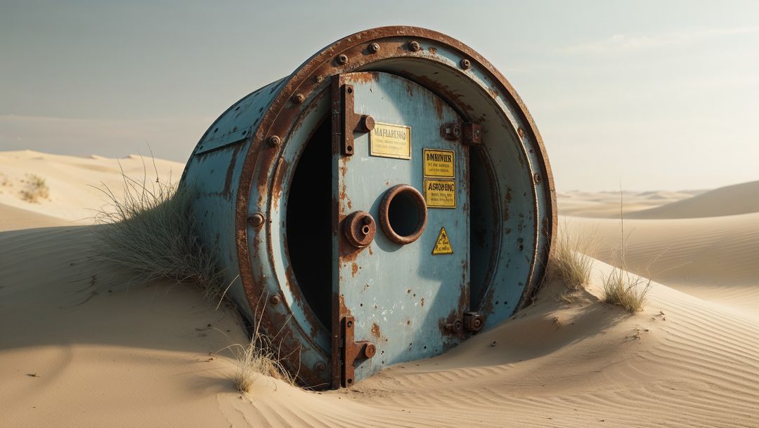 Rusted industrial cylinder abandoned in desert dunes after the apocalypse
