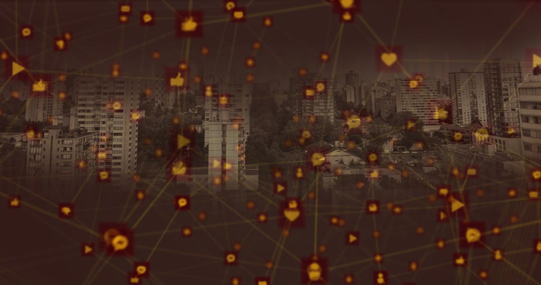 Cityscape with Dynamic Orange Heart Network Glow