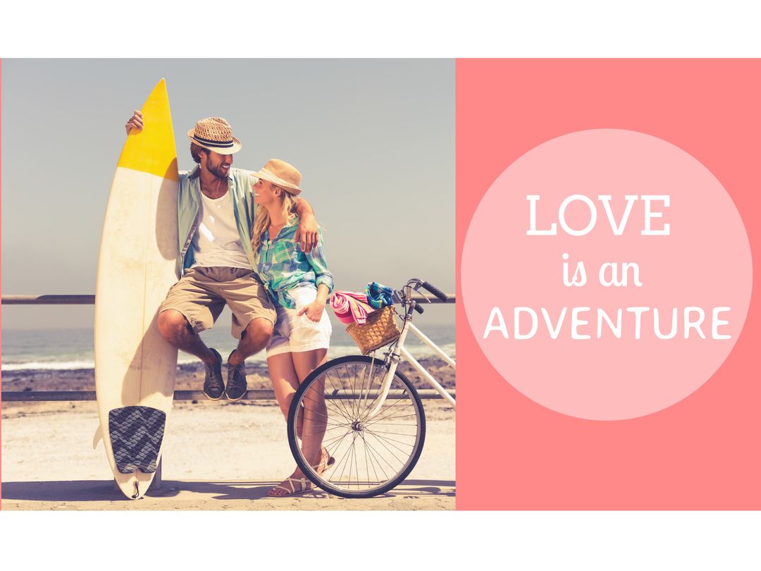 Couple Enjoying Beach Adventure with Surfboard and Bicycle - Download Free Stock Templates Pikwizard.com