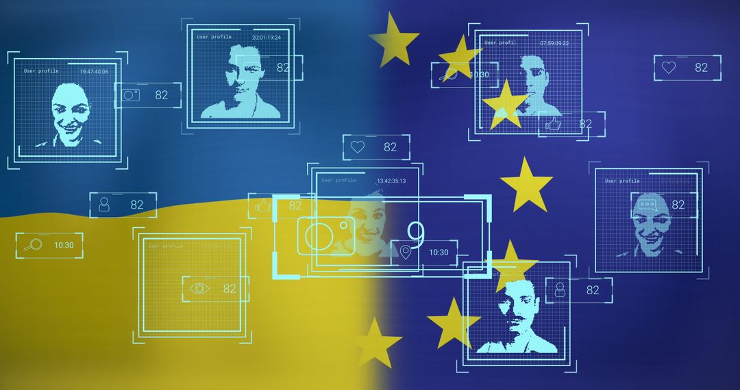 Digital Overlay with Faces and Ukraine-EU Flags Symbolizing Connectivity