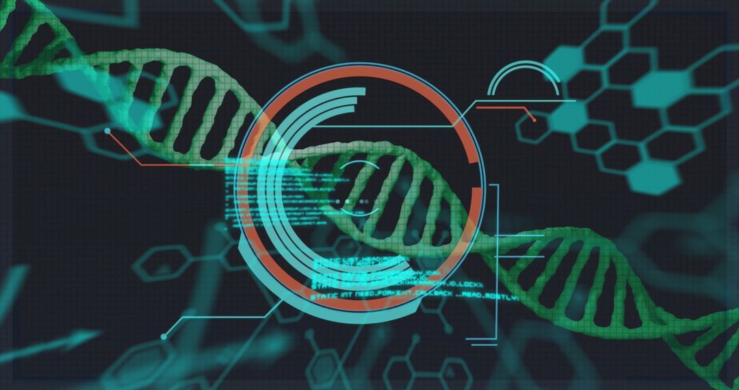 DNA Strand with Digital Data Overlay on Futuristic Background