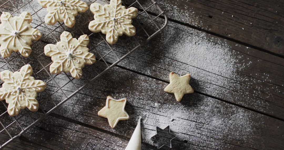 Homemade Holiday Star Cookies with Powdered Sugar on Rustic Table