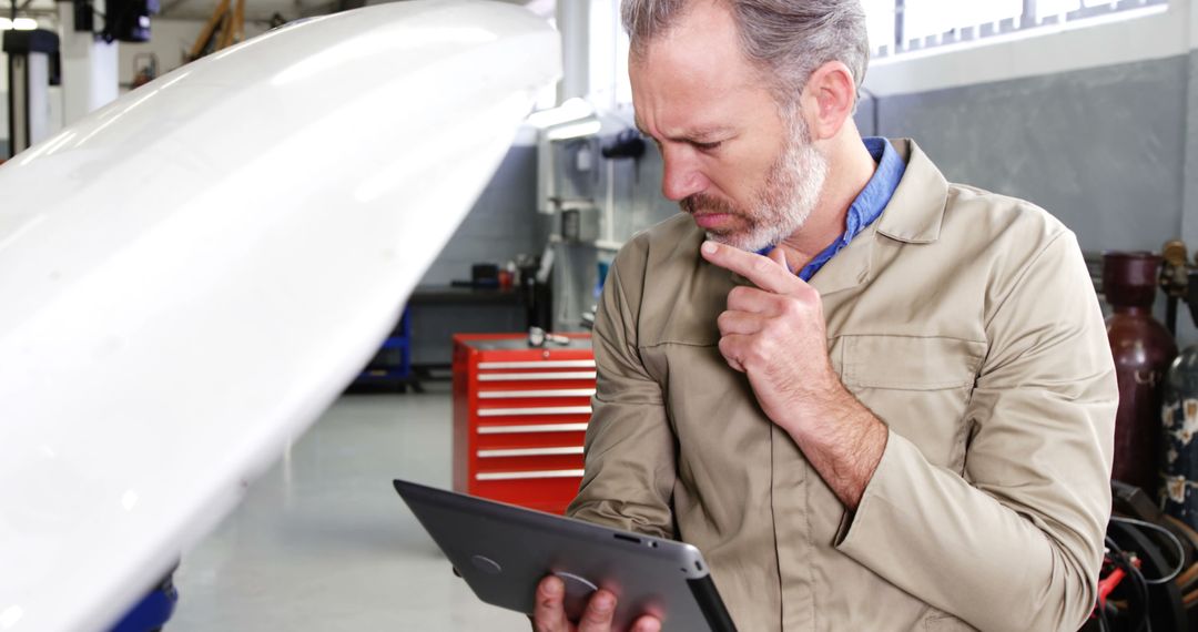 Mechanic In Workshop Using Digital Tablet To Diagnose Car Issue - Free Images, Stock Photos and Pictures on Pikwizard.com