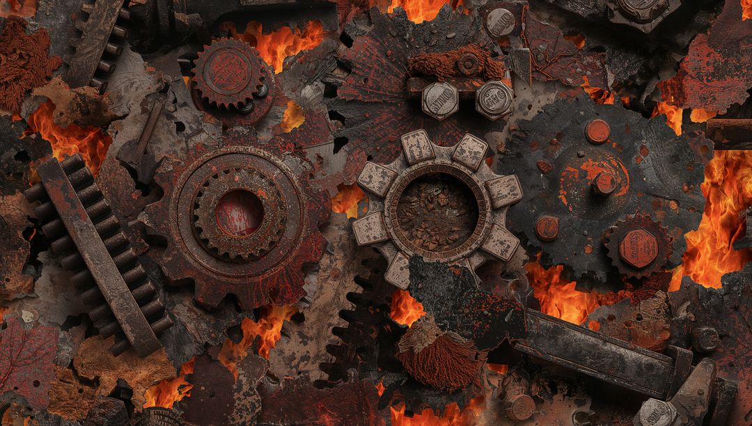 Rusted Gears and Cogs Immersed in Blaze Amid Destruction