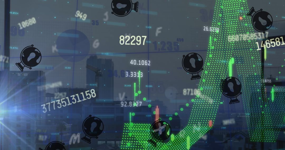 Financial Markets Data Overlay on Urban Skyline during Dusk