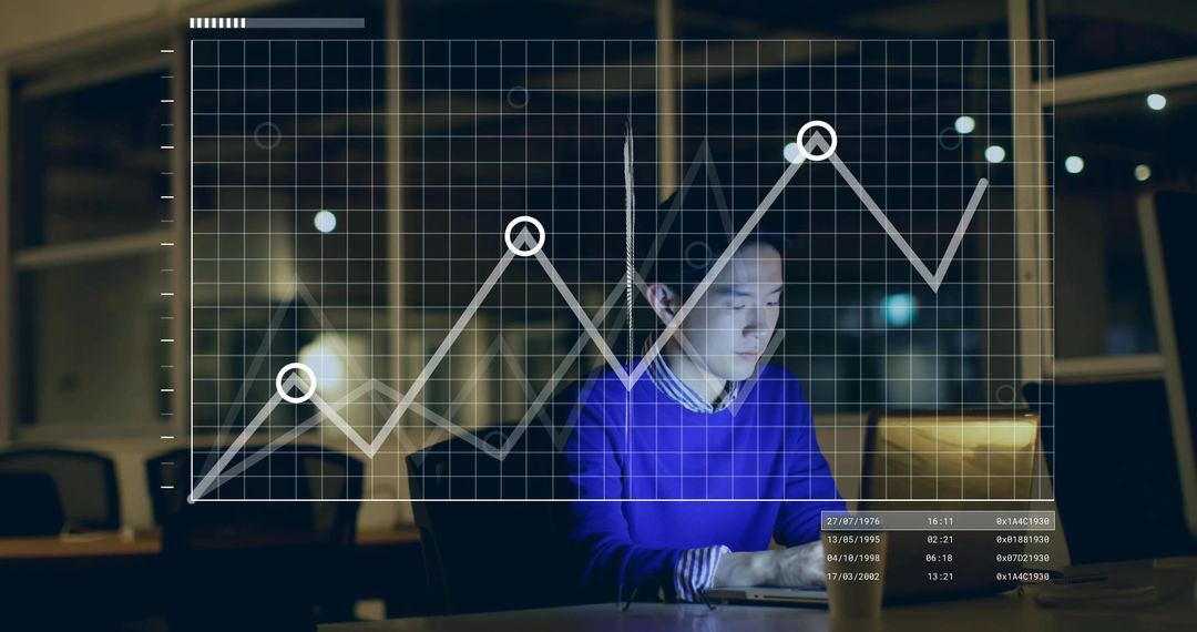 Business Analyst Working Late in Office with Growth Chart Overlay