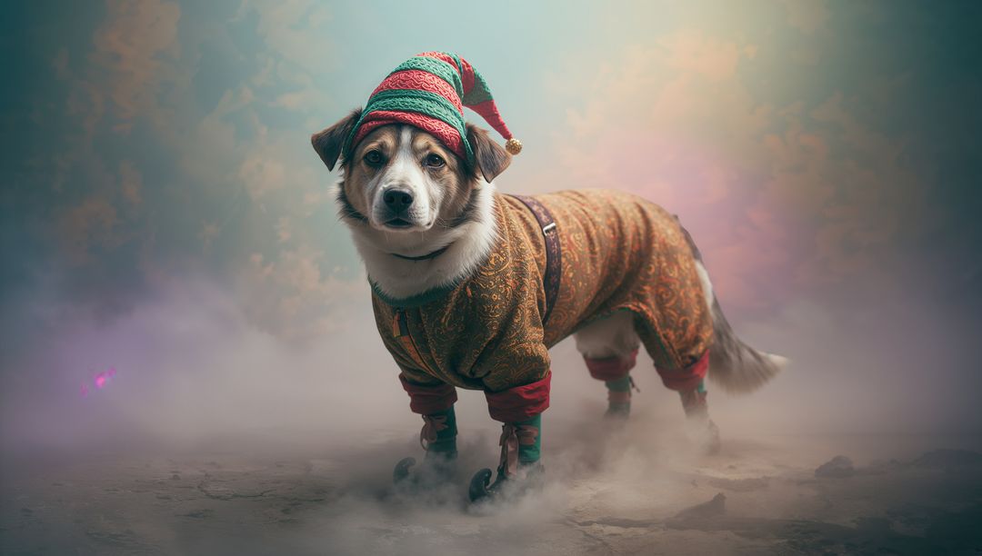 Festive Dog in Whimsical Elf Outfit in Mystical Setting