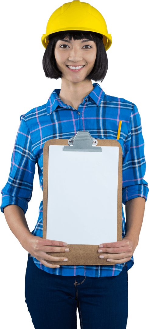Smiling Female Architect Holding Transparent Clipboard Insightful and Confident