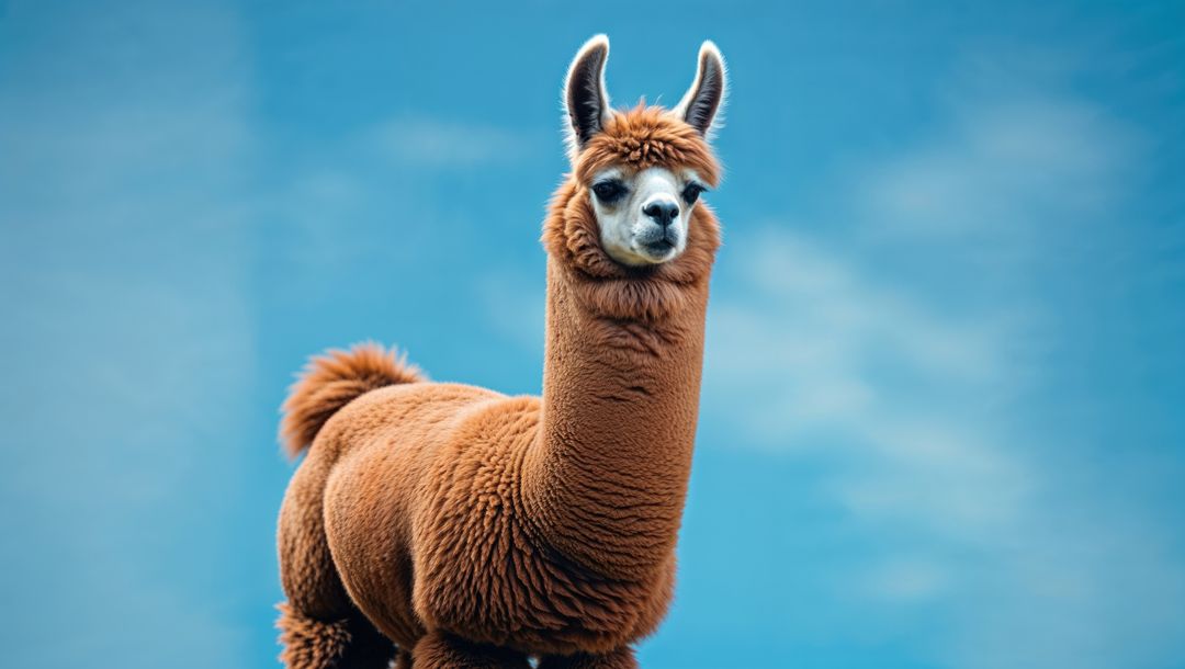 Adorable brown llama with plush fleece on blue background