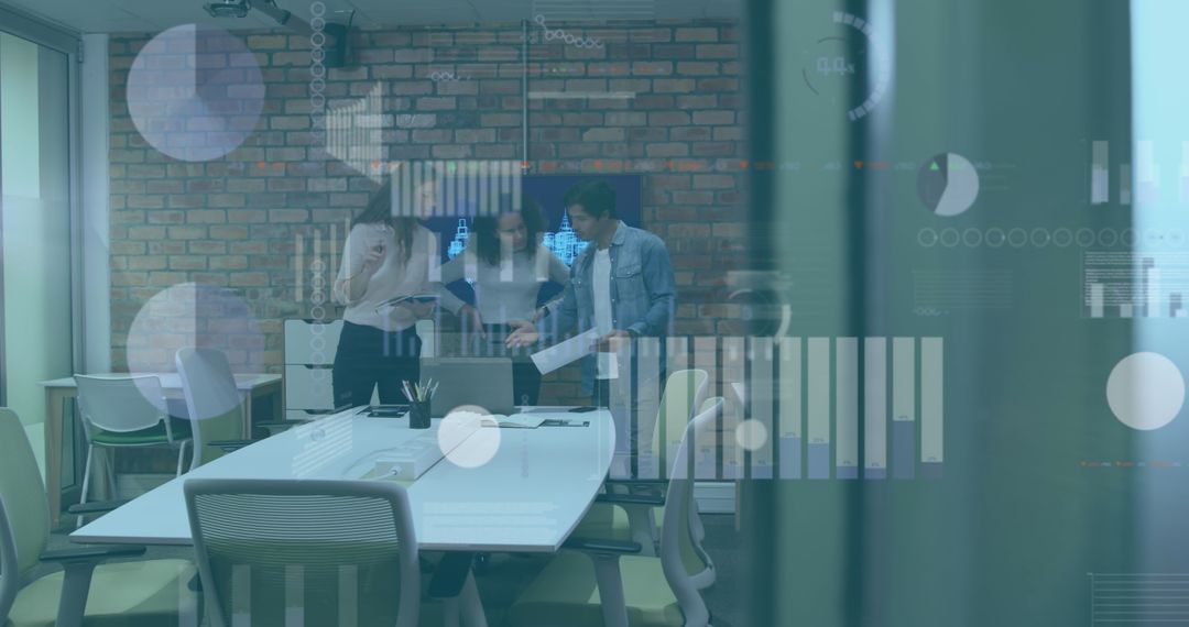 Team Analyzing Financial Data with Digital Interface Effects