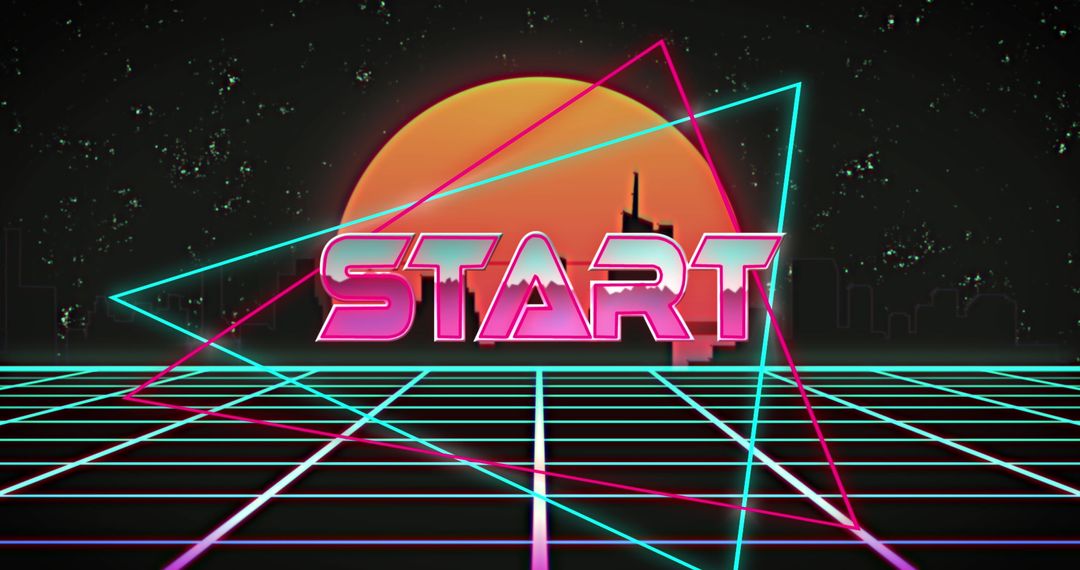 Retro Neon Start Text with 80s Inspired Graphics