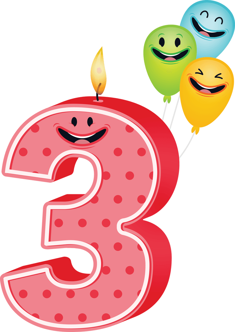 Red Birthday Candle Number 3 with Balloons on Transparent Background