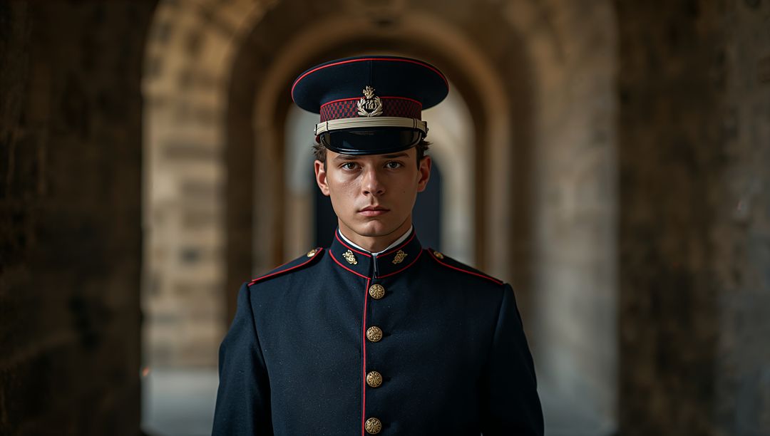Guard in Historical Military Uniform in Vaulted Corridor