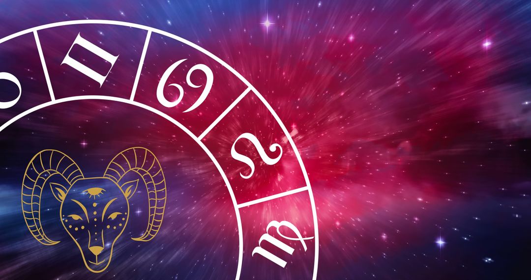 Zodiac Wheel with Aries Symbol on Cosmic Background