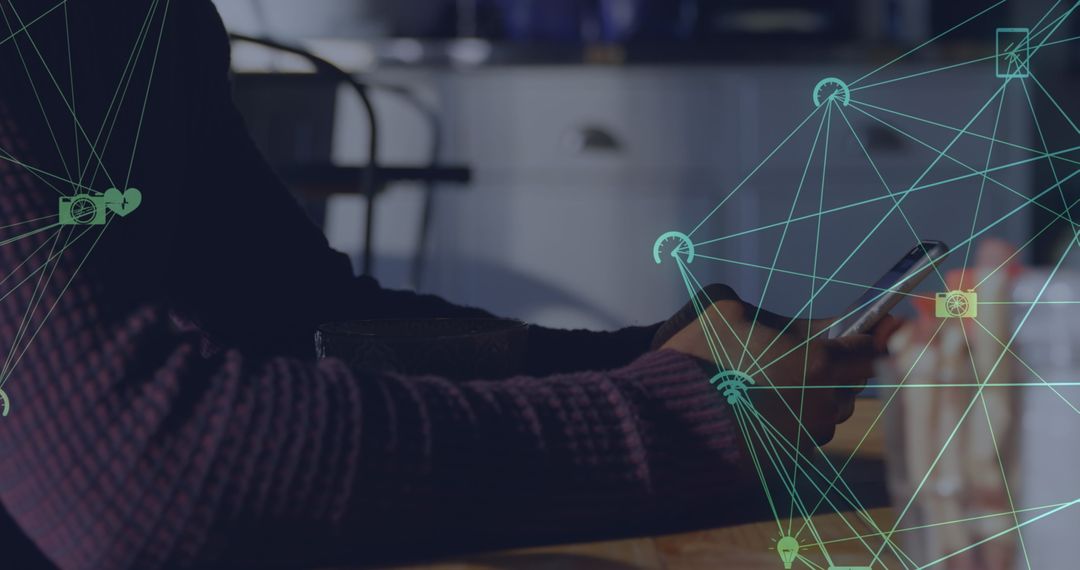 African American Man Using Smartphone with Media Icon Overlay