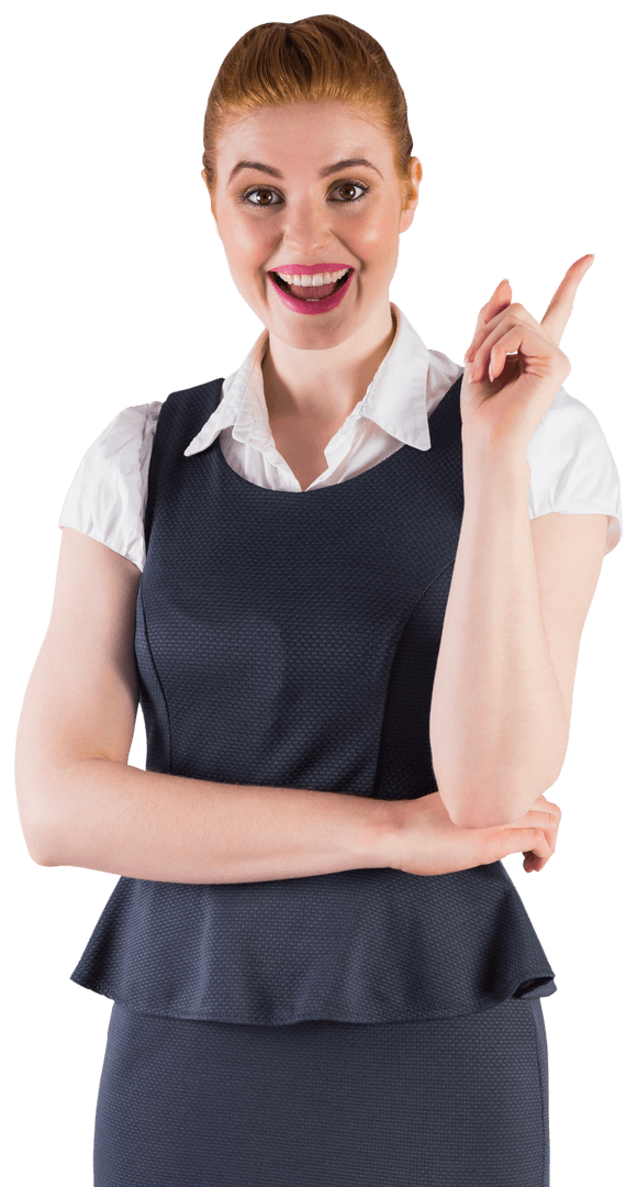Confident Redhead Businesswoman Pointing with Friendly Gesture on Transparent Background