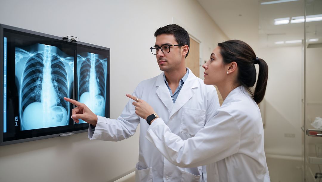 Doctors Examining Chest X-Ray Digital Display in Hospital